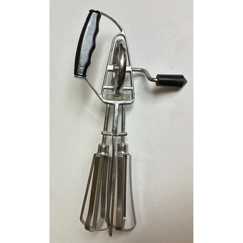 Egg Beater Hand Held Crank Mixer Stainless Steel Black Side Handle Vintage